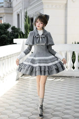 Grey [Letters and Poems · Old Memories] Stand Collar Long Sleeves Double-Layered Ruffled Bow Classic Elegant Lolita Dress 2 Versions - Product - 16