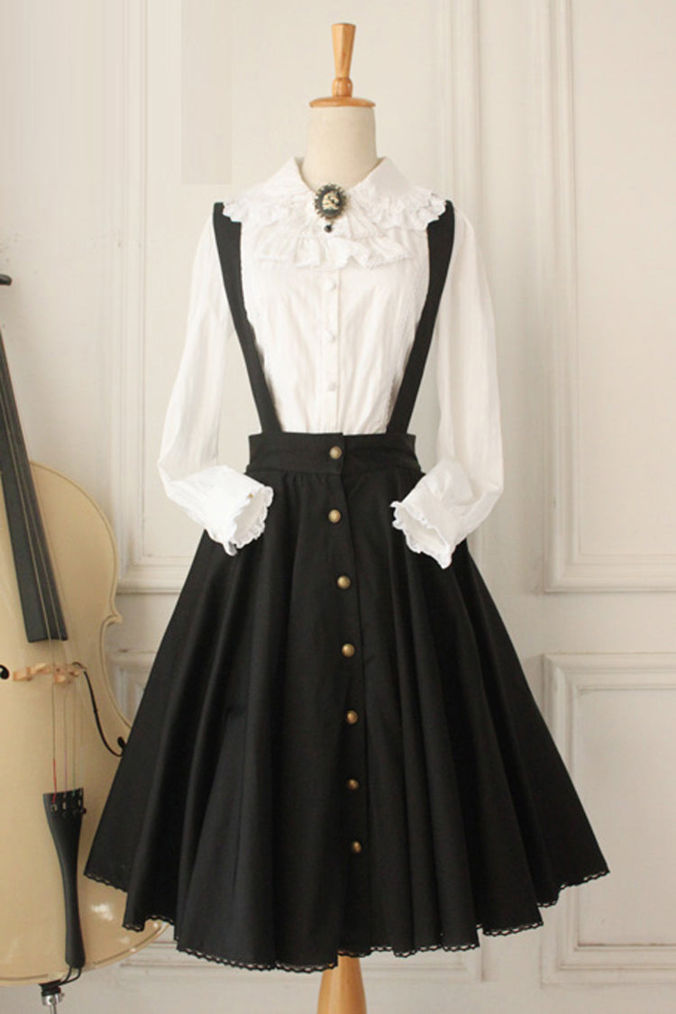 Black Vintage Single Breasted Ruffled Classic Lolita Skirt Strap Dress - Black - 1