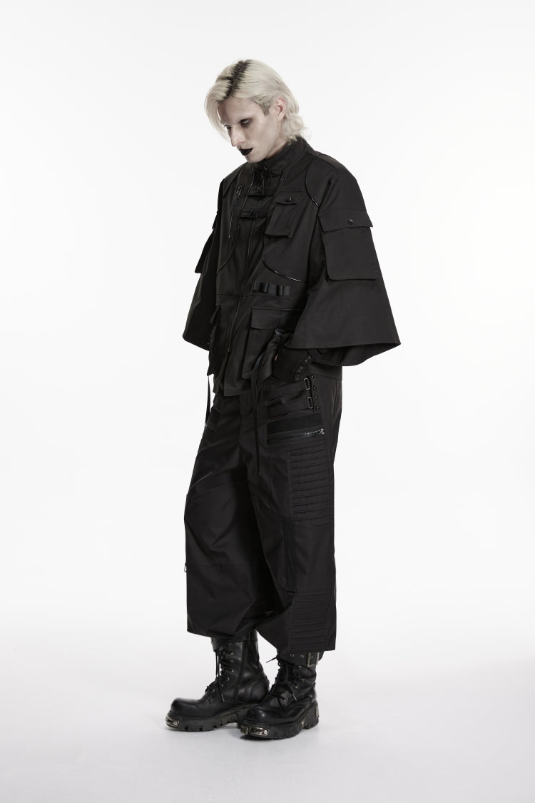 Black Stand Collar Long Sleeves Zippered Men's Punk Handsome Multi Pockets Strappy  Jacket - Product - 4