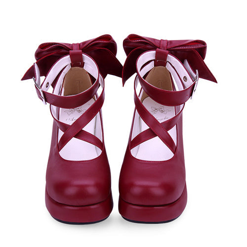 Round-toe Shallow Mouth Bowknot Cute Lolita Middle Heels Shoes - Product - 5