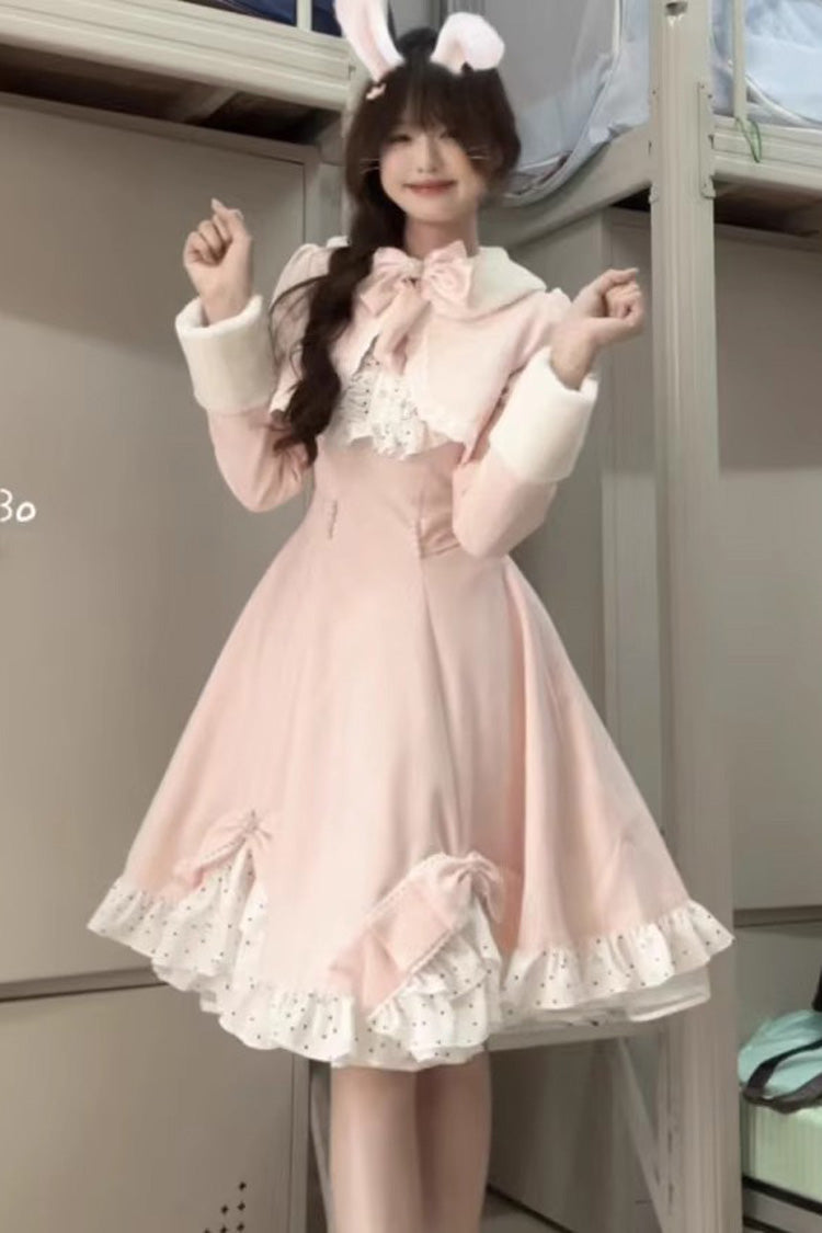 Pink Long Sleeves Ruffle Bowknot Sweet Princess Lolita Dress Coat Two-piece Set - Pink - 1