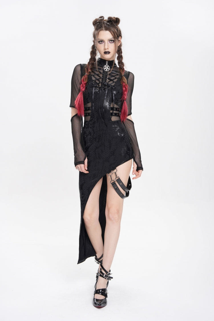 Black Stand Collar Long Sleeves Stitching Lace-Up Mesh Women's Punk Dress with Detachable Strap - Black - 1
