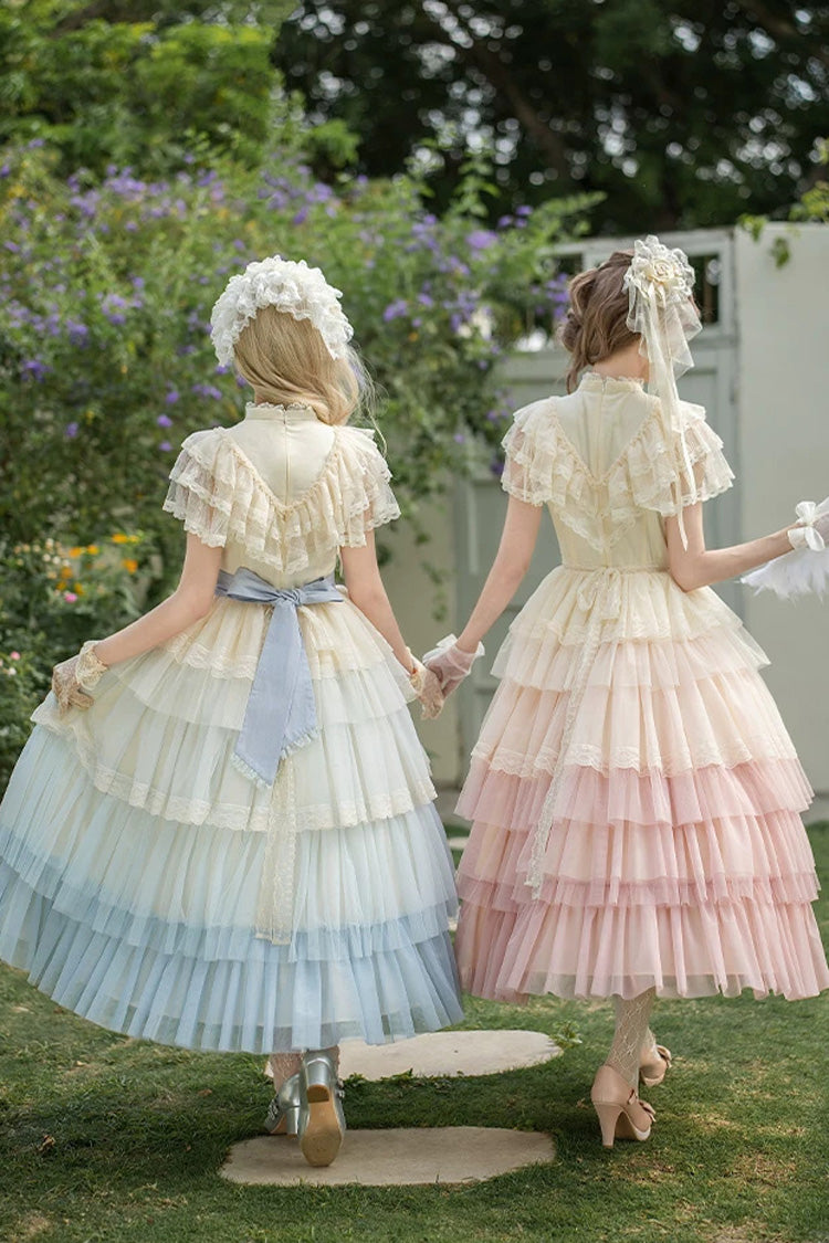 Blue [Sincere Vow] Edwardian Collar Short Sleeves Ombre Multi-Layered Ruffled Embroidered Sweet Lolita Dress - Product - 14