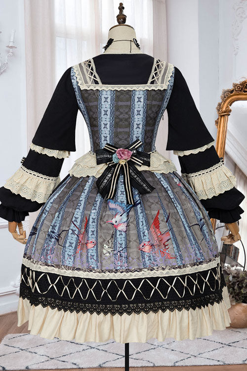 Multi-Color Finches In The Mirror Print Cardigan Long Sleeves Princess Ruffled Classic Lolita OP Dress - Product - 6