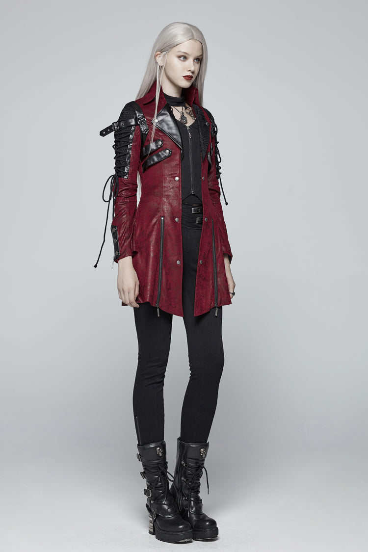 Red Metal Buckle Decoration Zipper Womens Steampunk Windbreaker Coat - Product - 3