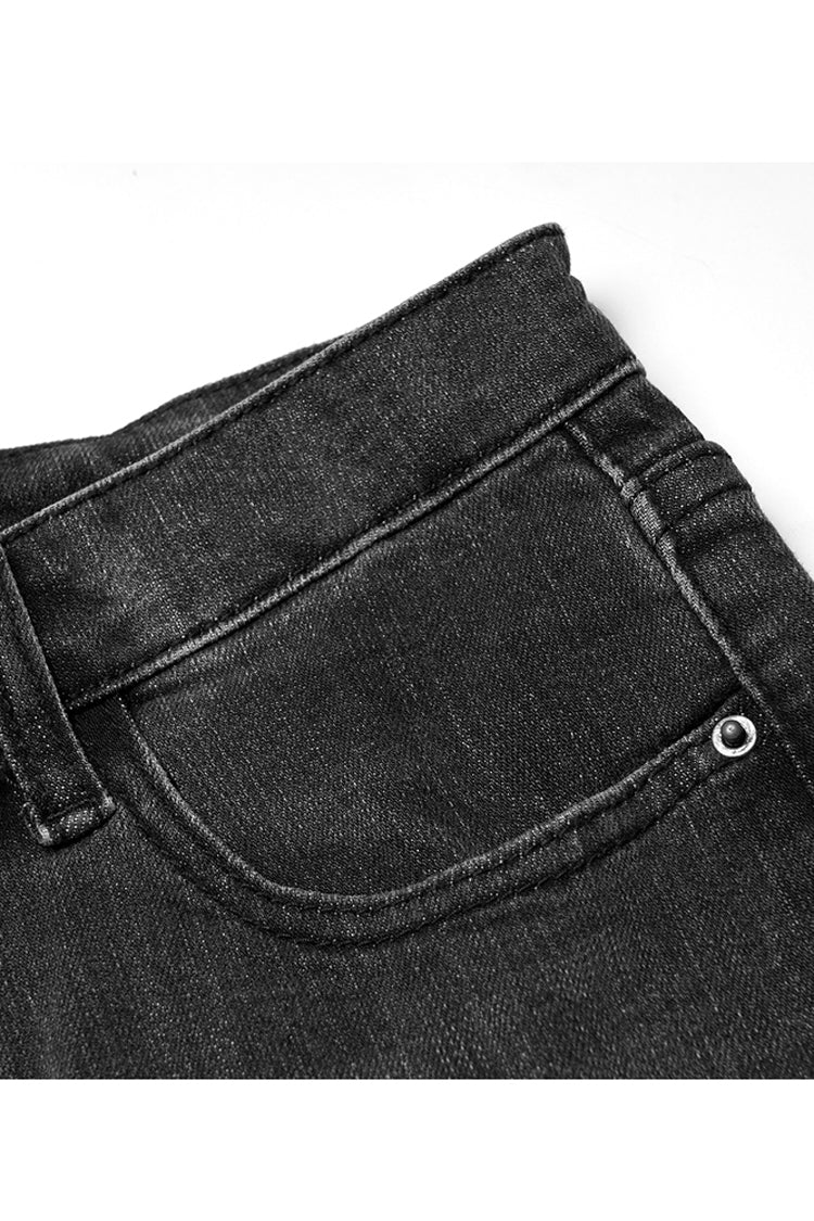 Black Tight Elastic Distressed Denim Asymmetrical Placket Medium Waist Women's Punk Flared Pants - Product - 8