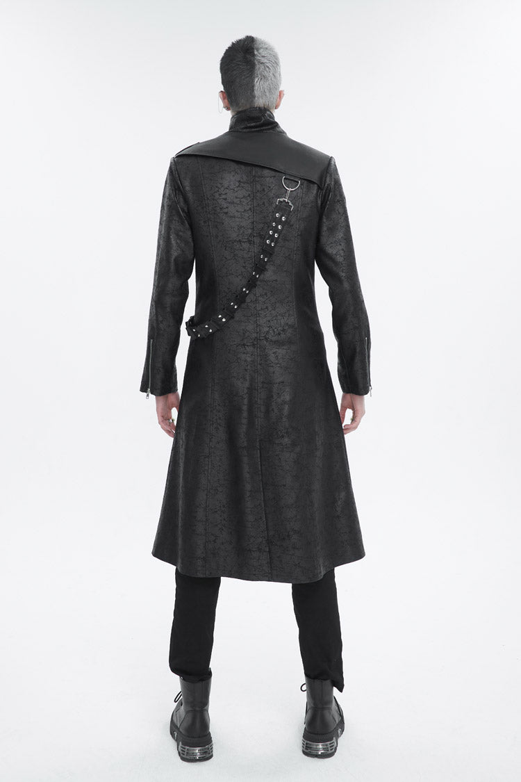 Black Stand Collar With Strap Split At The Hem Long Men's Gothic Coat - Product - 5