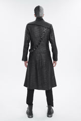 Black Stand Collar With Strap Split At The Hem Long Men's Gothic Coat - Product - 5