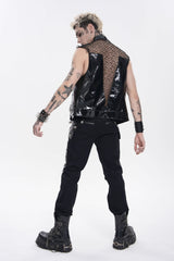 Black Stand Collar Sleeveless Spliced Mesh Studded Zippered Chain-Decorated Eyelet Men's Punk Vest - Product - 3