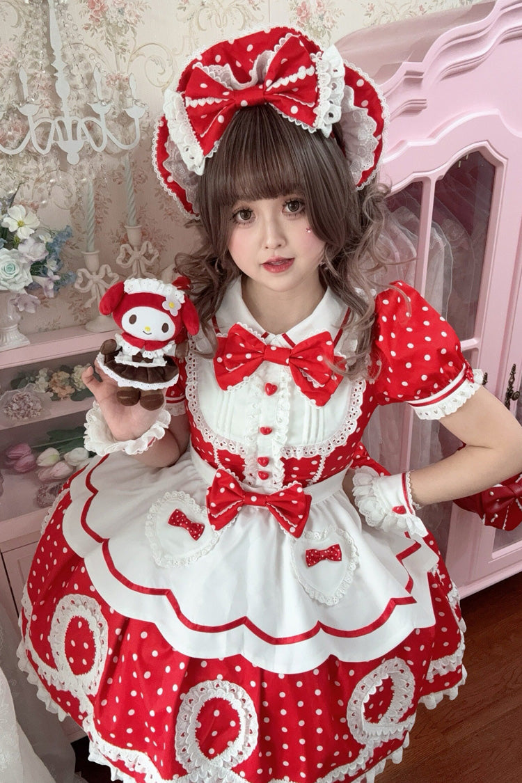 [A Day as a Candy Shop Owner] Peter Pan Collar Short Sleeves Printed Bow Sweet Lolita Dress 3 Colors (Red, Blue, Pink) - Product - 35