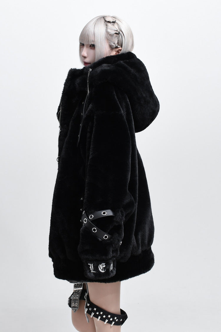 Jirai Kei Long Sleeves Hooded Zipper Punk Japanese Coat With Cross Leather Buckles 2 Colors - Product - 8