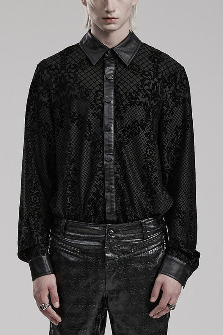 Black Floral Print Faux Leather Stitching Skull Button Decorated Mens Gothic Blouse - Black - 1