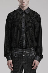 Black Floral Print Faux Leather Stitching Skull Button Decorated Mens Gothic Blouse - Black - 1