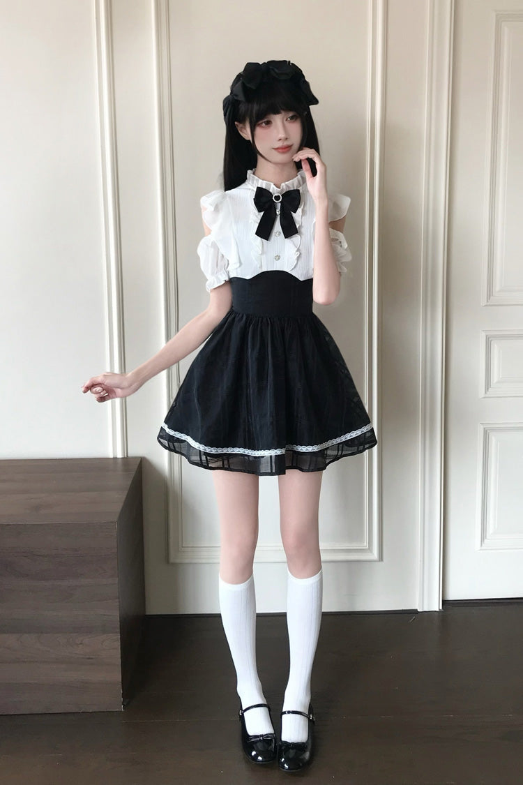 Black/White [Moonlit Poem] Stand Collar Off Shoulder Short Sleeves High Waisted Ruffled Bow Lace Sweet Princess Lolita Dress - Product - 9