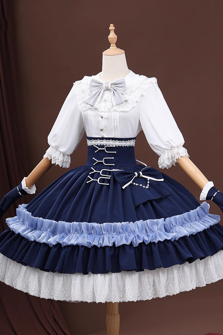 Blue/White Identity V Gardener Cosplay Half Sleeves Ruffle Bowknot Lace Sweet Lolita Skirt Set - Blue/White - 1