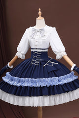 Blue/White Identity V Gardener Cosplay Half Sleeves Ruffle Bowknot Lace Sweet Lolita Skirt Set - Blue/White - 1