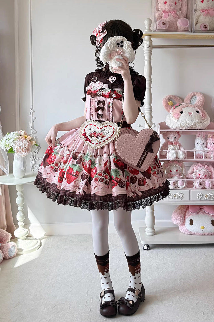 Pink [Strawberry Chocolate Lover] Sleeveless Printed Ruffled Embroidered Bow Lace Sweet Lolita Strap Dress - Product - 5