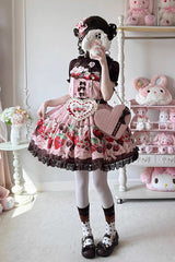 Pink [Strawberry Chocolate Lover] Sleeveless Printed Ruffled Embroidered Bow Lace Sweet Lolita Strap Dress - Product - 5