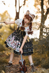 Black Multi-Layer Ruffled Note Bear Print Sweet Lolita JSK Dress - Product - 4