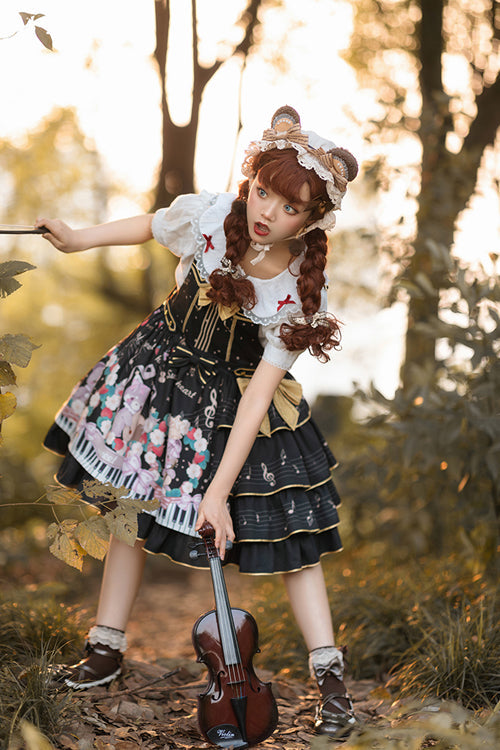 Black Multi-Layer Ruffled Note Bear Print Sweet Lolita JSK Dress - Product - 4