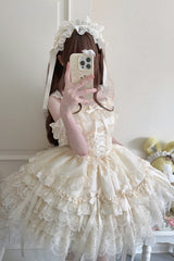 Apricot [Ribbon Heart Love] Sleeveless Multi-Layered Ruffle Bowknot Lace Lace-Up Sweet Princess Ballet Lolita Jsk Dress - Product - 7