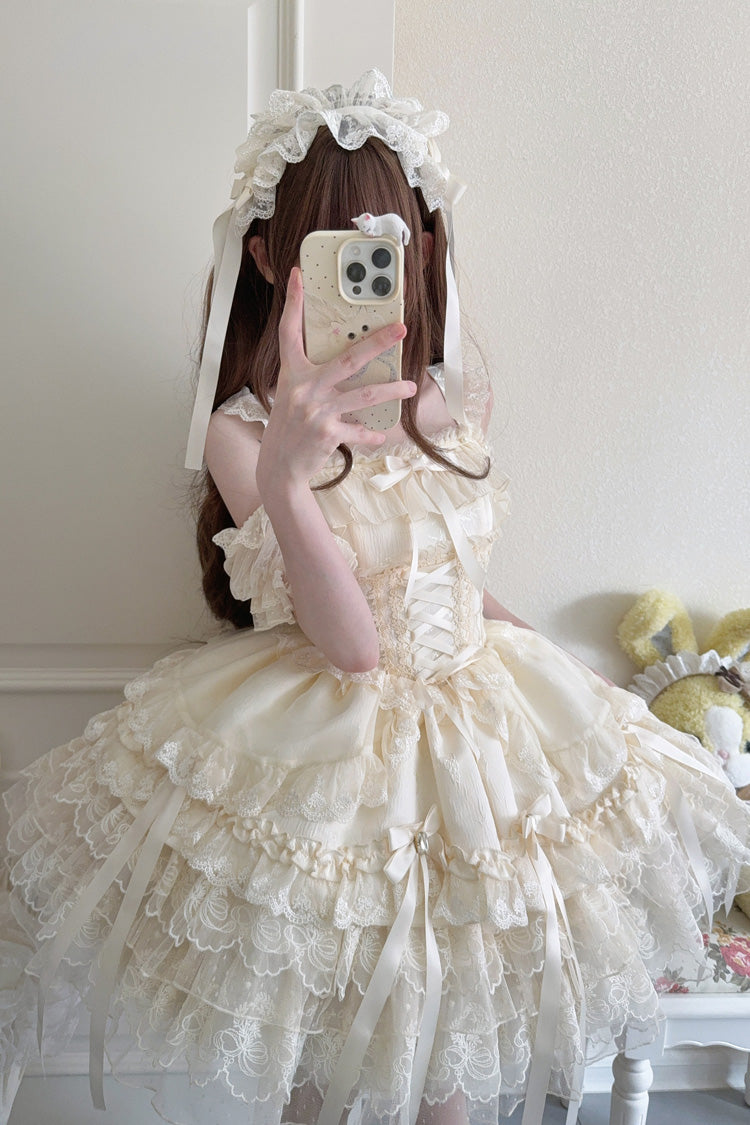 Apricot [Ribbon Heart Love] Sleeveless Multi-Layered Ruffle Bowknot Lace Lace-Up Sweet Princess Ballet Lolita Jsk Dress - Product - 7