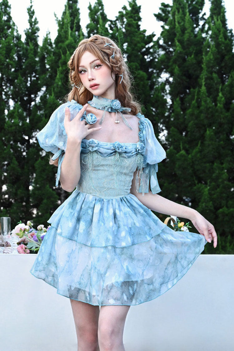 Blue Square Collar Short Puff Sleeves Multi-Layered Print Ruffle Bowknot Tie-dyed Sweet Princess (Dress Only) detail view 3