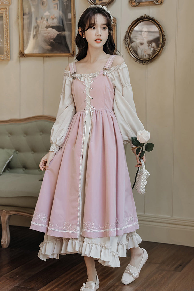 Pink/Apricot Square Collar Long Sleeves Ruffled Embroidered Lace-Up Sweet Lolita Two-Piece Dress Set - Product - 3