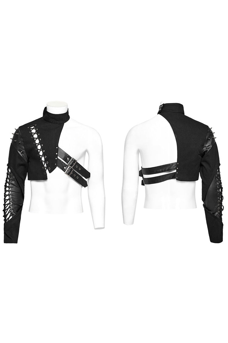 Black Stand Collar Asymmetric Rivet Buckle Men's Punk Faux Leather Harness - Product - 4
