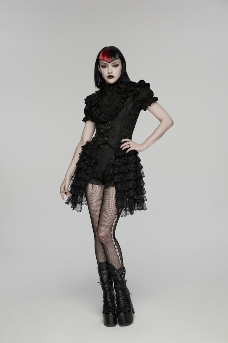 Black V Collar Short Sleeves High Waisted Jacquard Ruffled Cut-Out Embroidered Lace Slim Women's Gothic Vest - Product - 6
