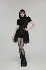 Black V Collar Short Sleeves High Waisted Jacquard Ruffled Cut-Out Embroidered Lace Slim Women's Gothic Vest - Product - 6