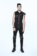 Black Twill Brown One Shoulder Armor Heat Seal Hasp Sleeveless Men's Punk Shirt - Product - 2