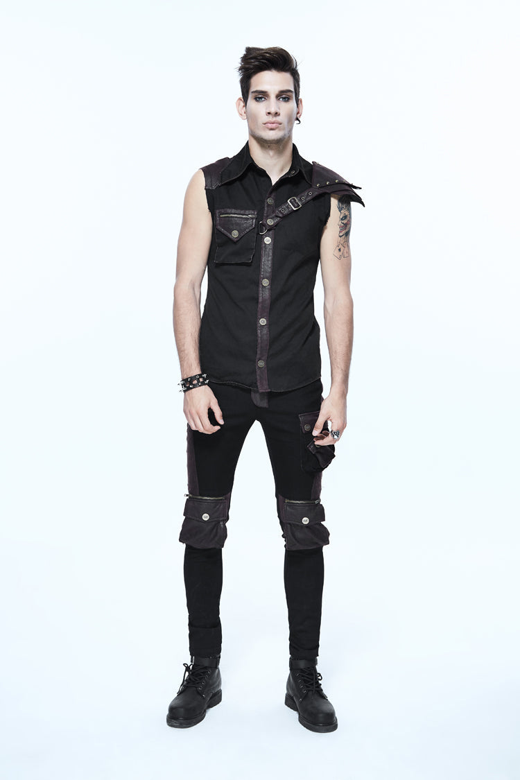 Black Twill Brown One Shoulder Armor Heat Seal Hasp Sleeveless Men's Punk Shirt - Product - 2