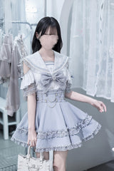 Aqua [Apprentice Witch] Off Shoulder Navy Collar Short Sleeves Ruffled Bow Lace Pearl Detail Classic Jirai Kei Japanese Skirt Set - Product - 4