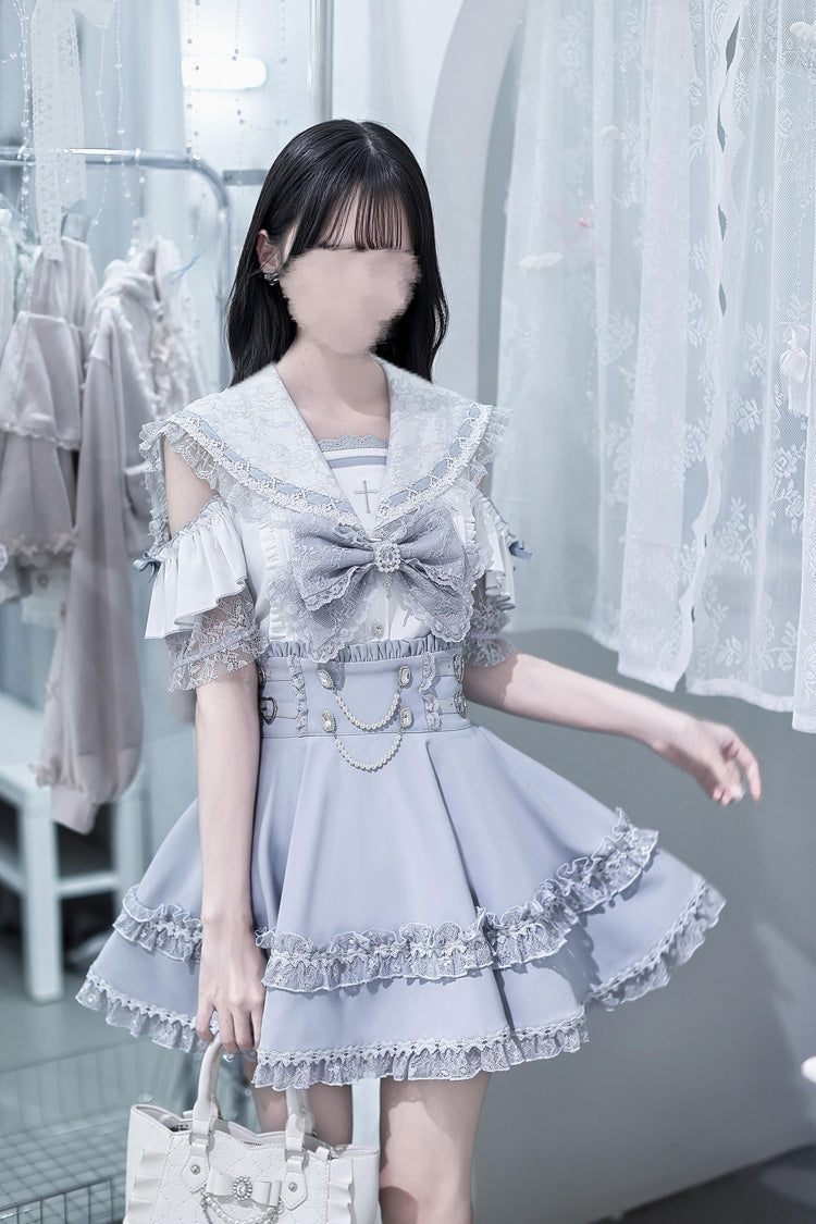 Aqua [Apprentice Witch] Off Shoulder Navy Collar Short Sleeves Ruffled Bow Lace Pearl Detail Classic Jirai Kei Japanese Skirt Set - Product - 4