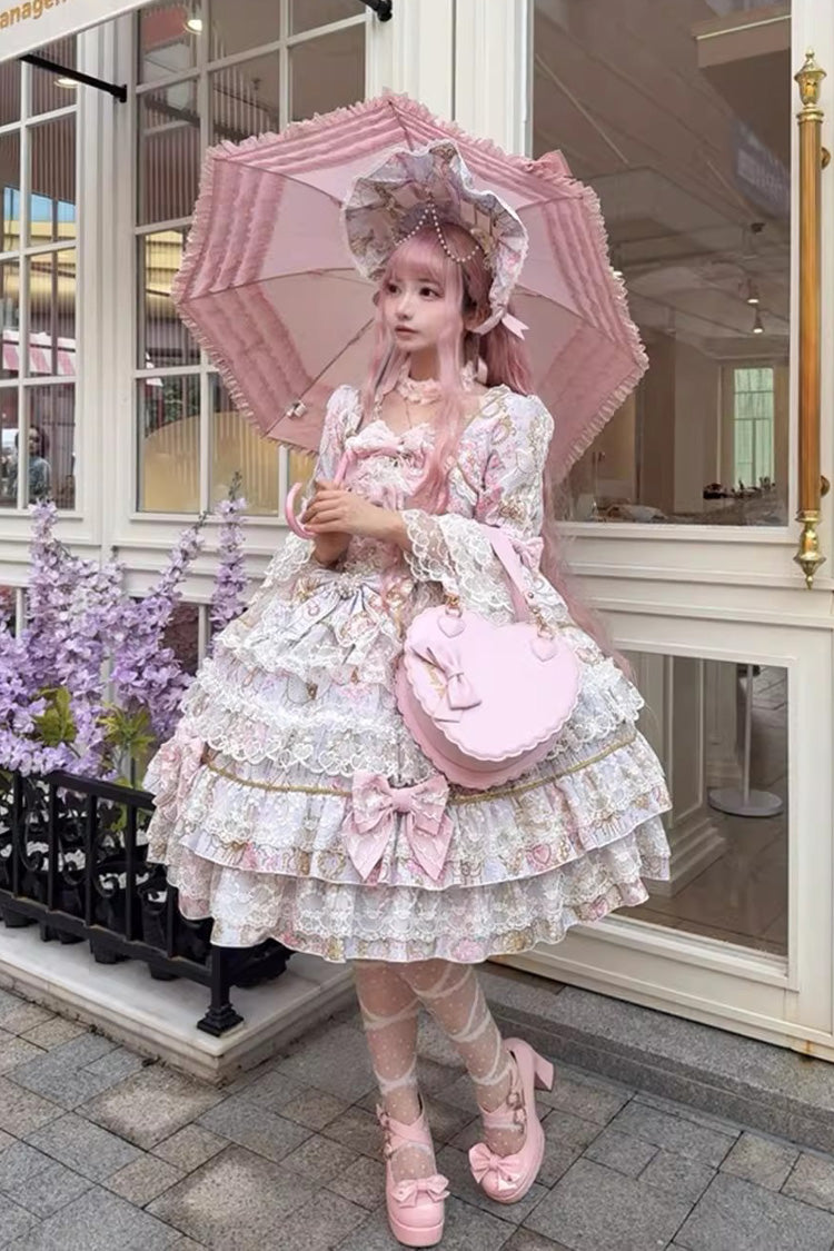 Purple [Candlelight Elegance] Long Trumpet Sleeves Multi-Layered Ruffle Bowknot Lace Sweet Elegant Lolita Dress - Purple - 1