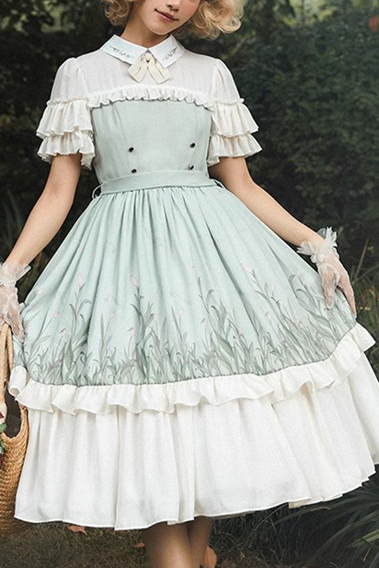 White/Green Lapel Collar Wizard Of Oz Short Sleeves Ruffle Bowknot Sweet Lolita Dress - White/Green - 1