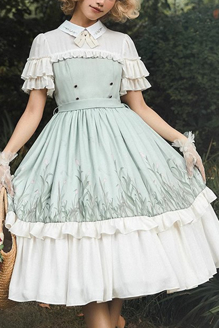 White/Green Lapel Collar Wizard Of Oz Short Sleeves Ruffle Bowknot Sweet Lolita Dress - White/Green - 1
