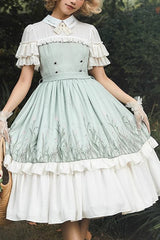 White/Green Lapel Collar Wizard Of Oz Short Sleeves Ruffle Bowknot Sweet Lolita Dress - White/Green - 1