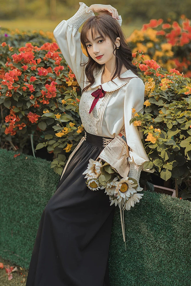 Black Lapel Collar Long Sleeves High Waisted Lace-Up Wave Hem Classic Lolita Two-Piece Skirt Set - Product - 2