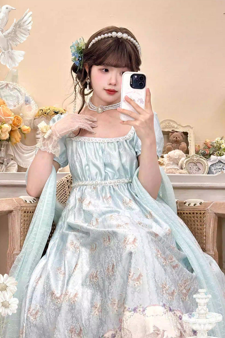 Green [Spring of Nai] Square Collar Short Sleeves Print Pearl Sweet Elegant Lolita Dress - Product - 6