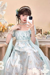 Green [Spring of Nai] Square Collar Short Sleeves Print Pearl Sweet Elegant Lolita Dress - Product - 6