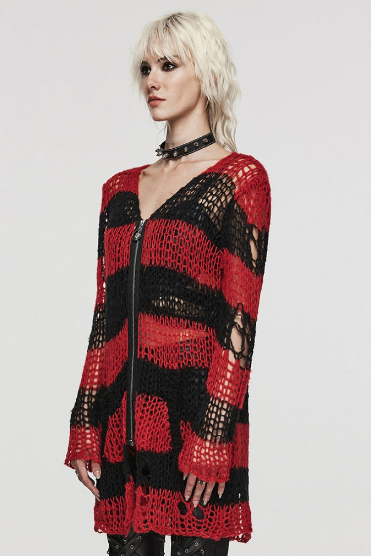 Long Sleeves Striped Print Zipper Irregular Ripped Women's Steampunk Sweater 4 Colors - Product - 10