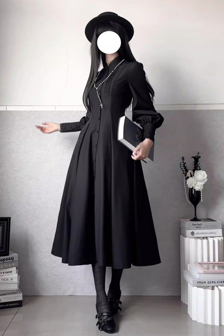 Black [Astrea] Long Puff Sleeves Slim Gothic Elegant Lolita Dress - Product - 7