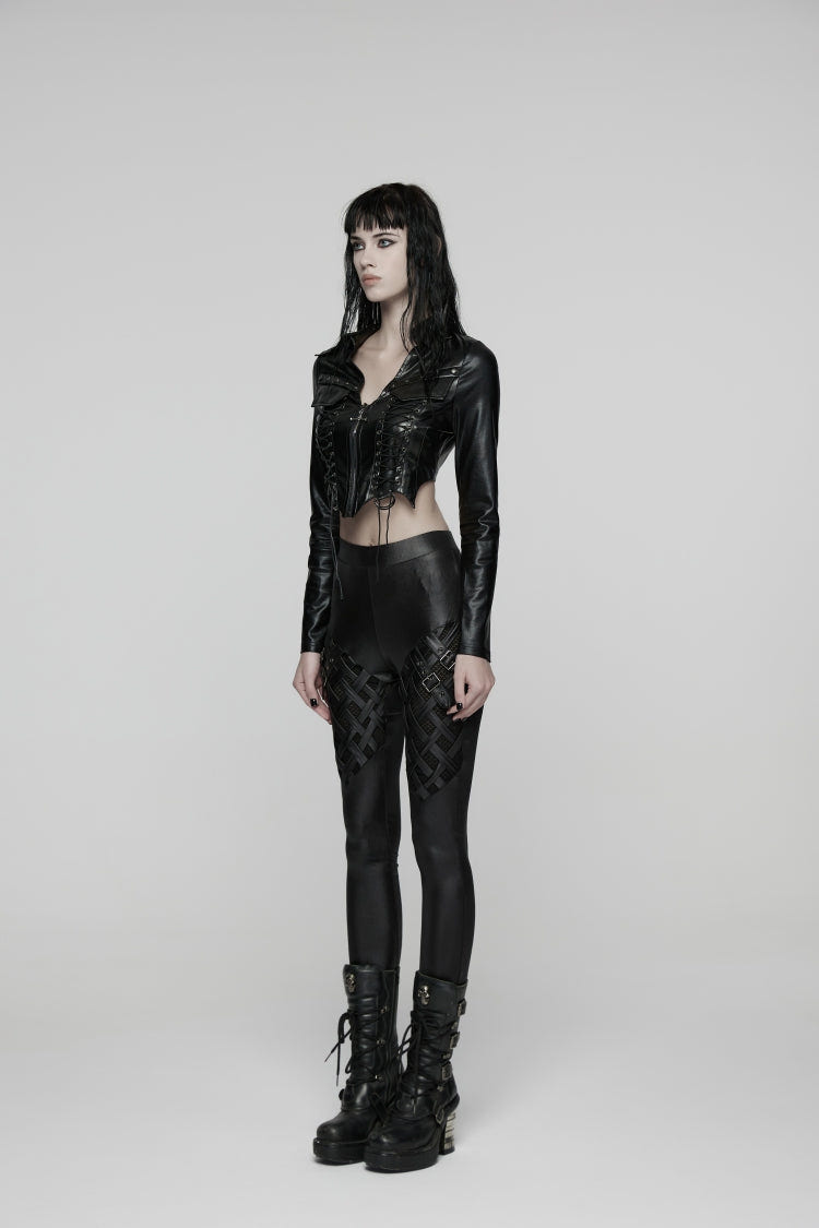 Black Slim Buckled Women's Punk Braided Strap Buckle Leggings - Product - 3