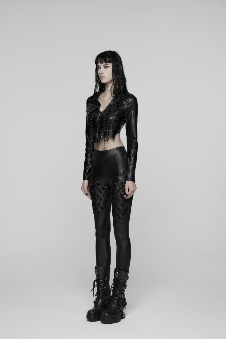 Black Slim Buckled Women's Punk Braided Strap Buckle Leggings - Product - 3