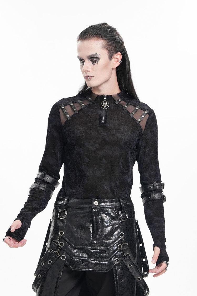 Black Round Collar Long Sleeves Buckle Star Studs Men's Gothic T-Shirt - Product - 8