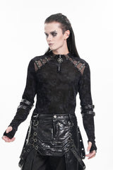 Black Round Collar Long Sleeves Buckle Star Studs Men's Gothic T-Shirt - Product - 8
