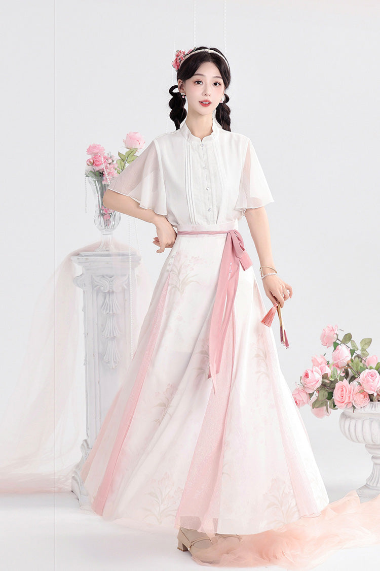 White/Pink [Tulip] Round Collar Short Sleeves High Waisted Printed Women's Sweet Hanfu Set - Product - 5