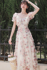 White Floral Pattern Square Collar Short Puff Sleeves Ruffled Open-Front Spliced Sweet Lolita Dress - Product - 10